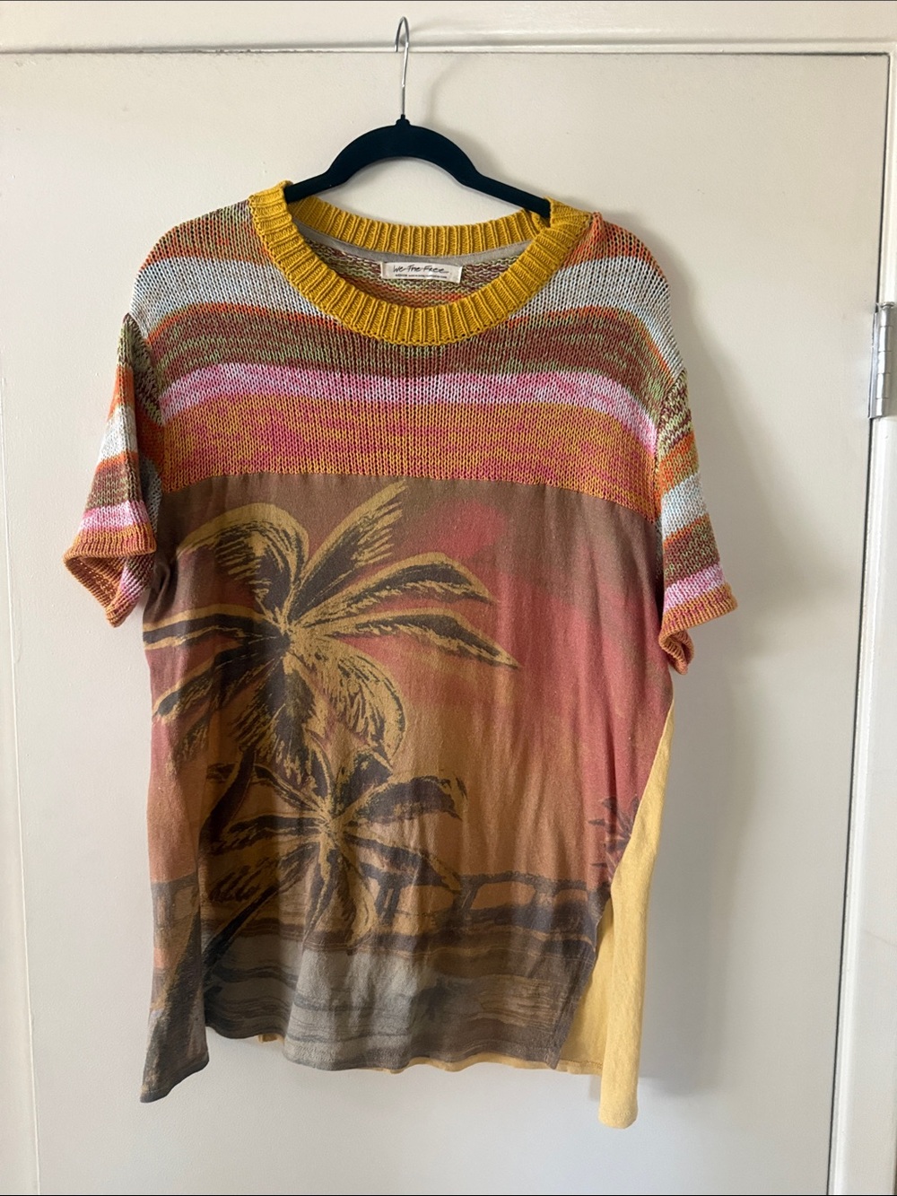 We The Free Palm-Print Short Sleeve Crewneck in Yellow, Pink, Brown
